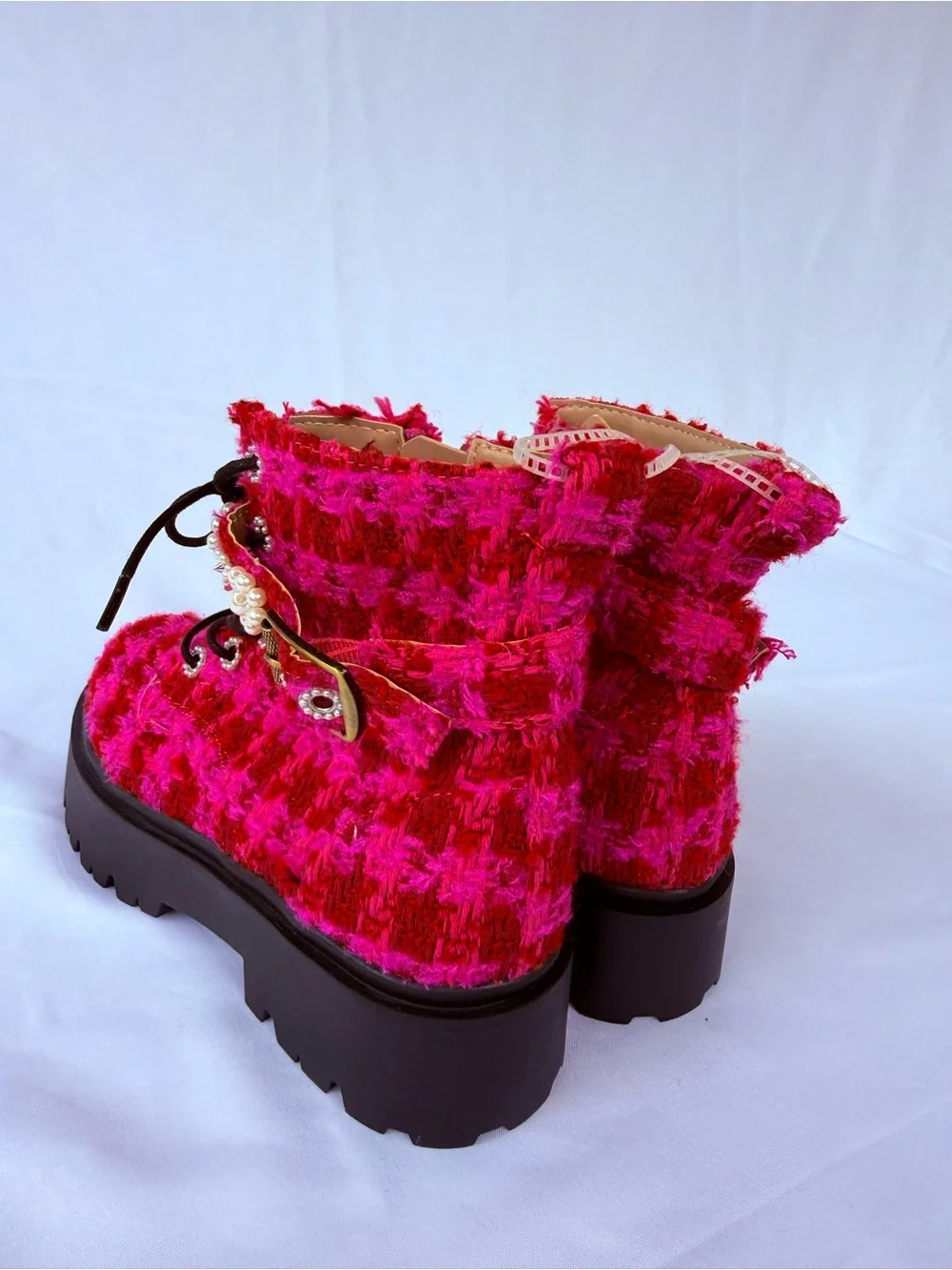 Betsey Johnson Pink Tweed Combat Boots Pearl Rhinestone Lug Sole